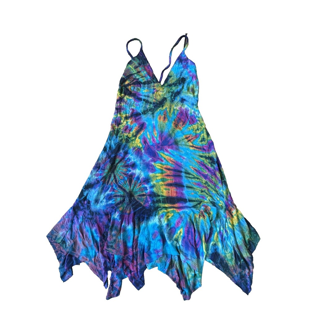 Kathmandu Imports Bright Tie Dye Laced-Back Stretch Dress Kerchief Hem Size S